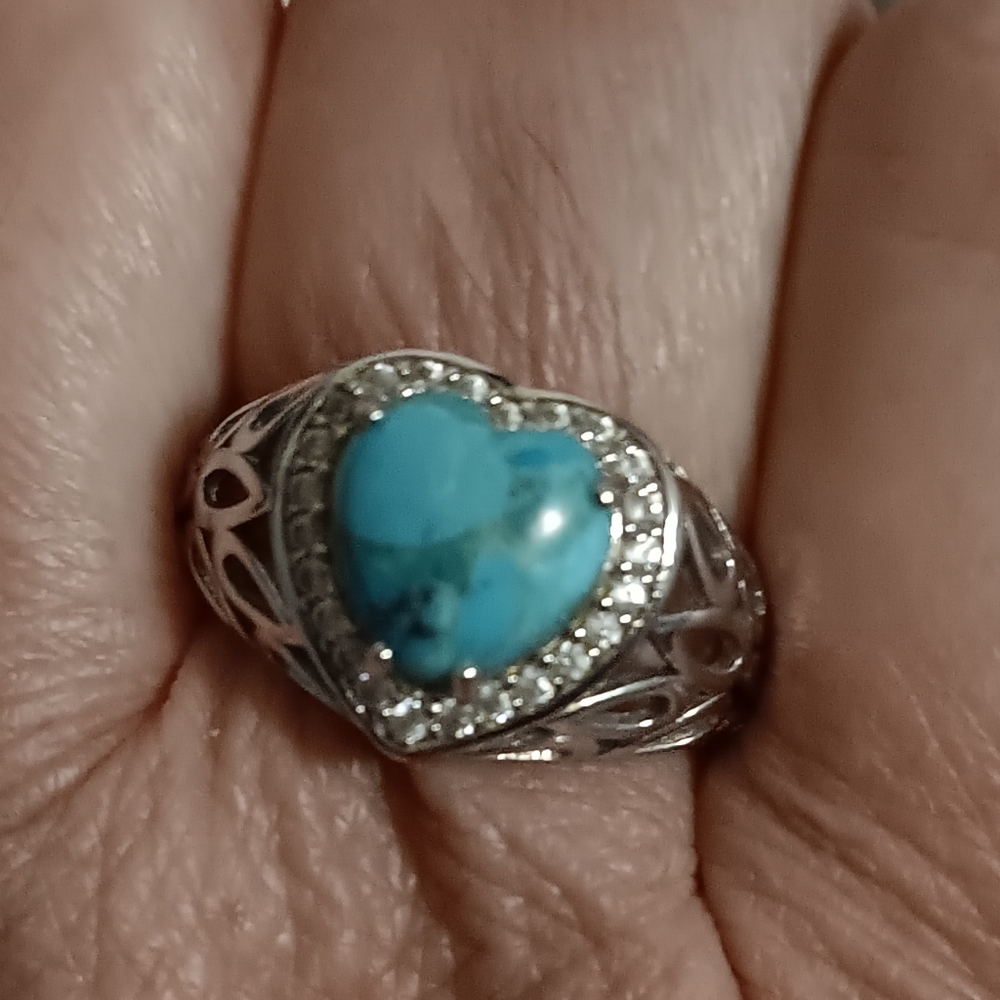 TURQUOISE HEART RING RHODIUM 9W5 STERLING SILVER SIZE 9 - Picture 3 of 8